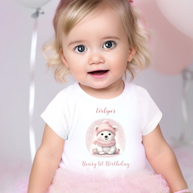 T-shirt Pour Bébé Beary d'hiver 1er anniversaire Rose Polar Bear Gir (Winter Beary 1st Birthday Pink Polar Bear Girl Baby T-Shirt)