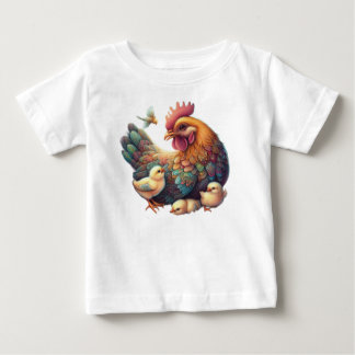 T-shirt Pour Bébé 🌿 Beau Art Traditionnel : Hen avec Poules.