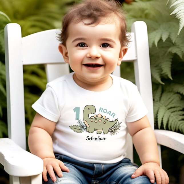 T-shirt Pour Bébé Beau Dinosaure Bleu Vert Garçon 1er Anniversaire (Cute Cartoon Dinosaur Blue Green Boy 1st Birthday Baby T-Shirt)