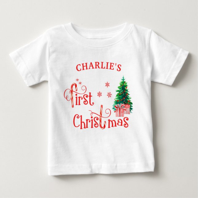 T-shirt Pour Bébé Bébé 1er sapin de Noël et Sucre de canne rouge (Devant)