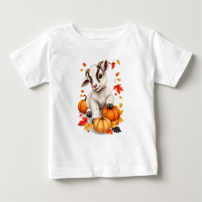 T-shirt Pour Bébé Bébé adorable chèvre avec Citrouilles automne (Devant)