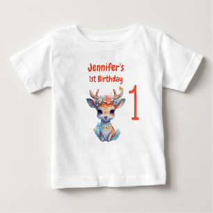 T-shirt Pour Bébé Bébé Cerf avec Antlers et Fleur 1er anniversaire