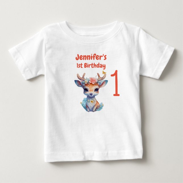 T-shirt Pour Bébé Bébé Cerf avec Antlers et Fleur 1er anniversaire (Devant)
