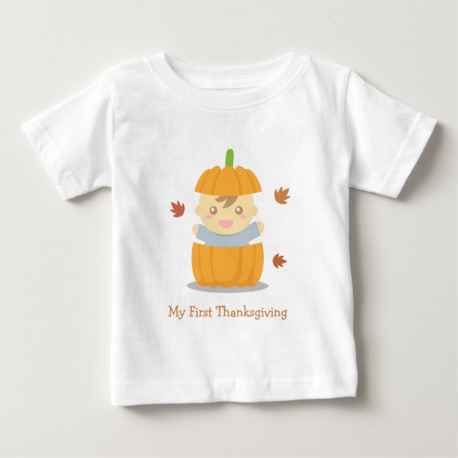 T-shirt Pour Bébé Bébé Citrouille mignon premier Thanksgiving (Devant)