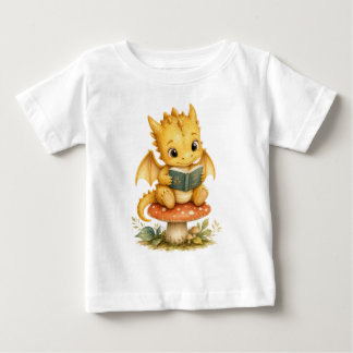 T-shirt Pour Bébé Bébé dragon de conte de fées lisant sur un champig