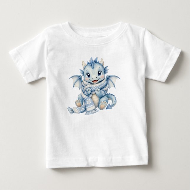 T-shirt Pour Bébé Bébé dragon d'hiver mignon avec écharpe confortabl (Devant)