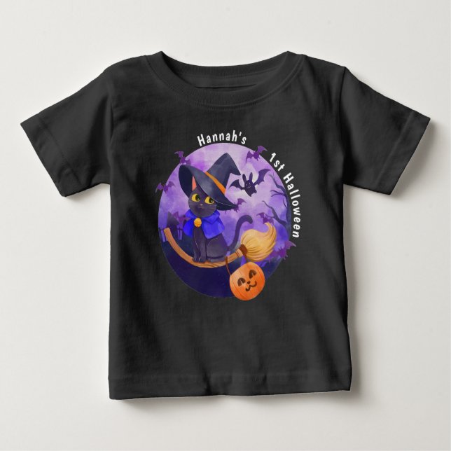 T-shirt Pour Bébé Bébé Halloween Chaton Sorcière Nom Personnalisé (Devant)