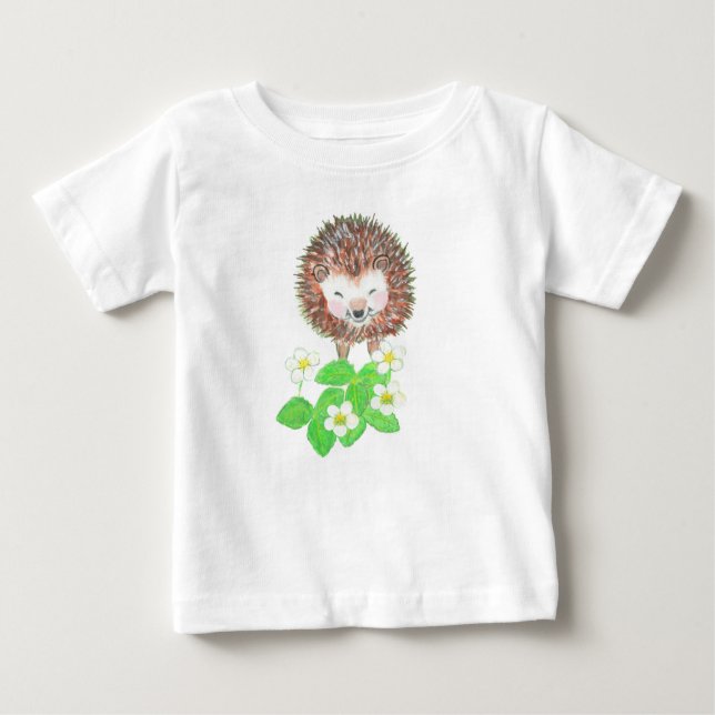 T-shirt Pour Bébé Bébé Hérisson & Fleurs de fraises sauvages (Devant)