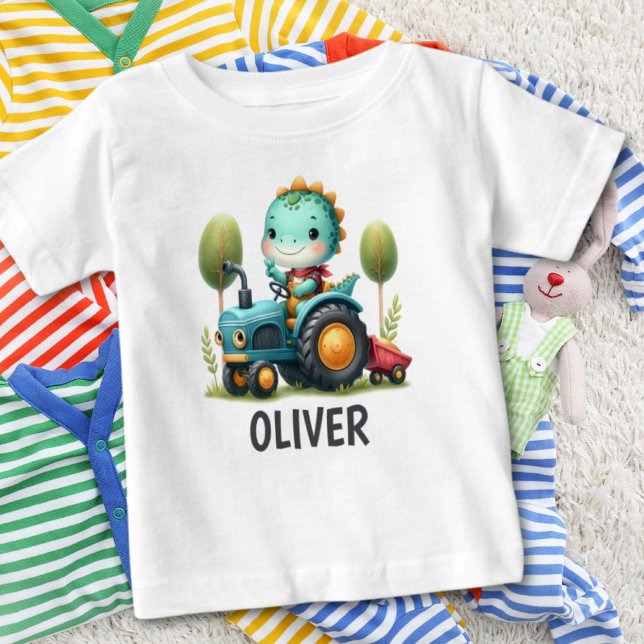 T-shirt Pour Bébé Bébé mignon Trex Dinosaur sur un tracteur bleu (Créateur téléchargé)