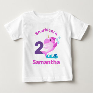 T-shirt Pour Bébé Bébé requin rose licorne Personnalisé Nom d'âge