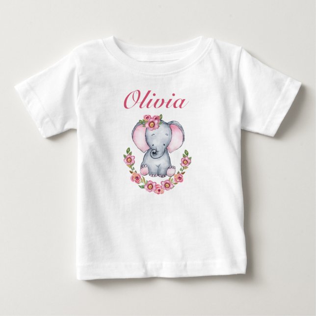 T-shirt Pour Bébé Bébé rose mignonne Fleur Eléphant Filles (Devant)