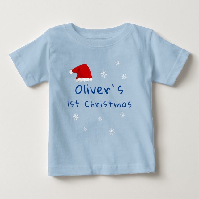 T-shirt Pour Bébé Bébé`s premier Noël Santa Chapeau Snowflake Bleu (Devant)