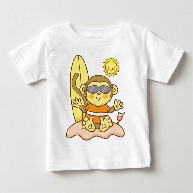 T-shirt Pour Bébé Bébé singe avec planche de surf  (Devant)