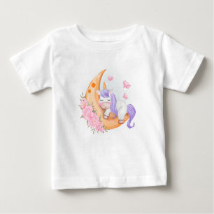 T-shirt Pour Bébé Bébé Unicorne au-dessus de la lune avec fleurs
