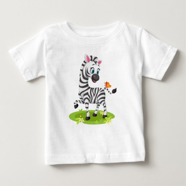 T-shirt Pour Bébé Bébé Zèbre Dessin Jouer avec Papillon-23960 (Devant)