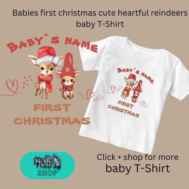 T-shirt Pour Bébé Bébés d'abord noël de mignons rennes chaleureux (Babies first christmas cute heartful reindeers baby T-Shirt)