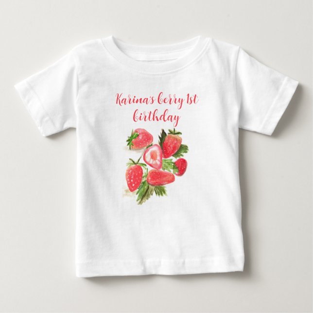 T-shirt Pour Bébé Berry First Birthday Fraise Watercolor Girl (Devant)