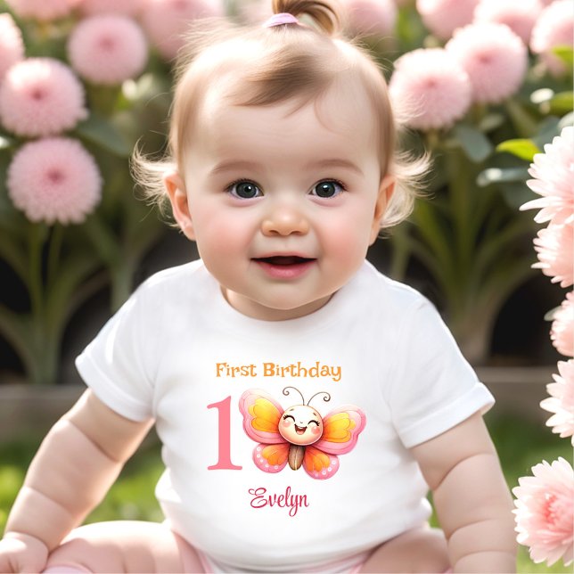 T-shirt Pour Bébé Beurre mignon rose Nom floral Fille 1er anniversai (Cute Butterfly Pink Floral Girl 1st Birthday Baby T-Shirt)