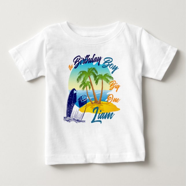 T-shirt Pour Bébé Big One Birthday Boy Beach Thème Nom personnalisé (Devant)