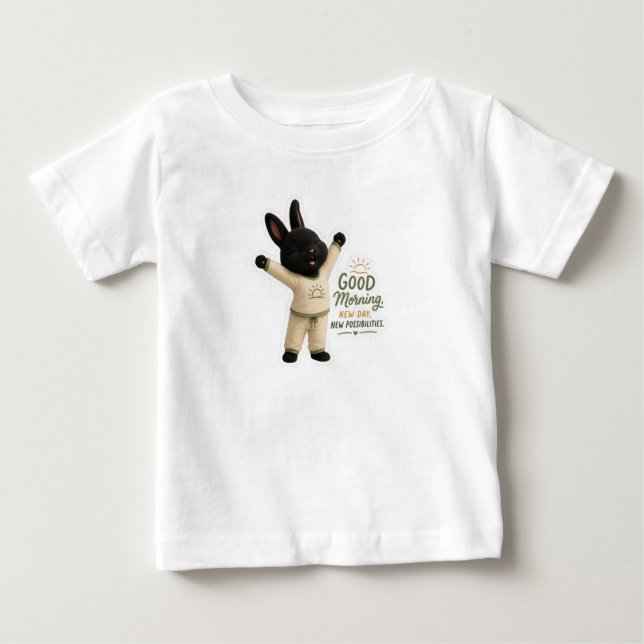 T-shirt Pour Bébé Billy Étirement Matinal Mignon Lapin Rex Noir (Devant)