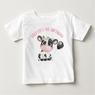 T-shirt Pour Bébé Black Balloon Cute Cow Premier Anniversaire Baby T