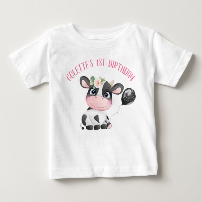 T-shirt Pour Bébé Black Balloon Cute Cow Premier Anniversaire Baby T (Devant)
