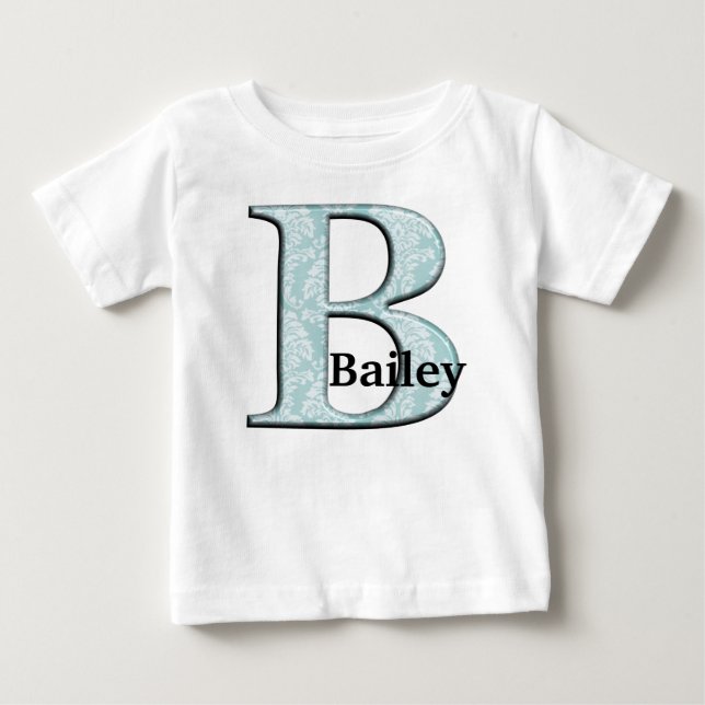 T-shirt Pour Bébé Bleu Floral Damask Imprimer B monogramme initiales (Devant)