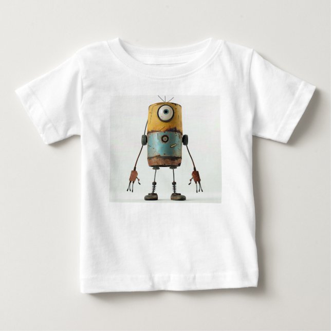 T-shirt Pour Bébé Bleu-Jaune Cyclops Droid - Retro Tin Can Bot (Devant)