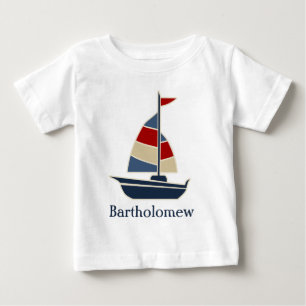 T-shirt Pour Bébé Bleu nautique, Rouge, Crème Voilier Personnalisé