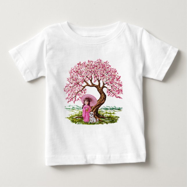 T-shirt Pour Bébé Blossom Dreams : Kimono Girl & Puppy (Devant)