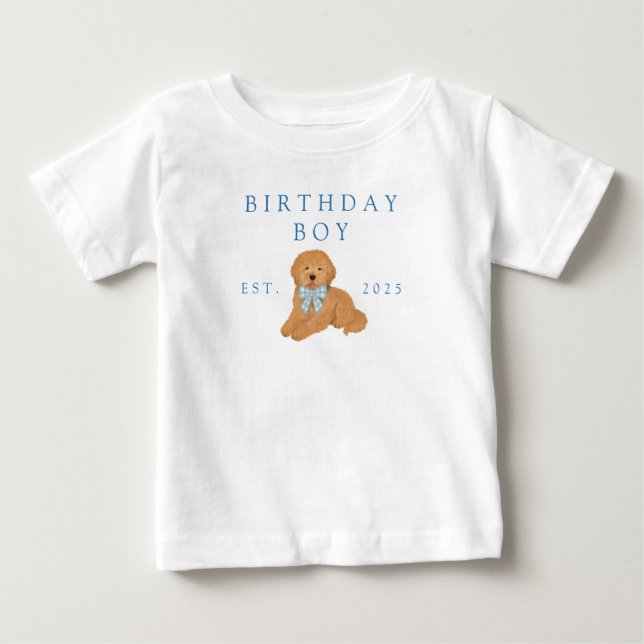T-shirt Pour Bébé Blue Birthday Boy Golden Doodle Puppy Birthday (Devant)