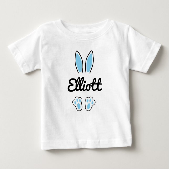 T-shirt Pour Bébé Blue Custom Name Ears Bunny de Pâques Pieds (Devant)