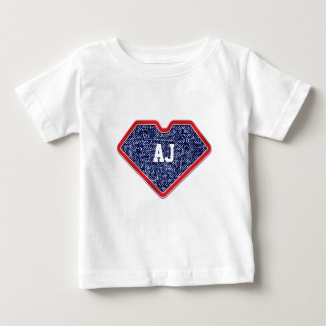 T-shirt Pour Bébé Blue Denim Heart Monogram Super Hero Emblem (Devant)