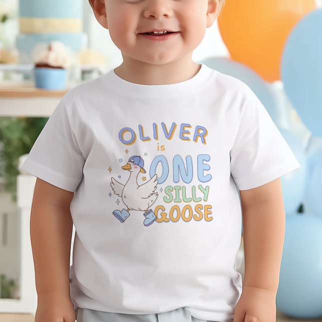 T-shirt Pour Bébé Blue One Silly Goose - Retro Boy First Birthday (Blue "One Silly Goose" - Girl First Birthday T-shirt. Adorable Silly Goose Design.)