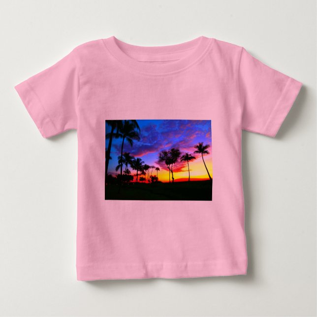 T-shirt Pour Bébé Blue Red Sunset Exotic Hawaiian Beach Palm Trees (Devant)