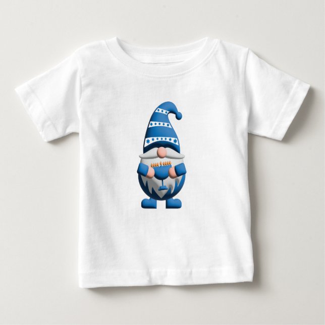 T-shirt Pour Bébé Blue White Hanukkah Gnome holding Menorah (Devant)