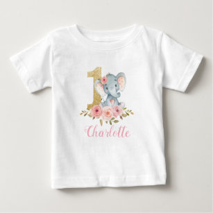 T-shirt Pour Bébé Blush Floral Cute Baby Elephant 1er Anniversaire B