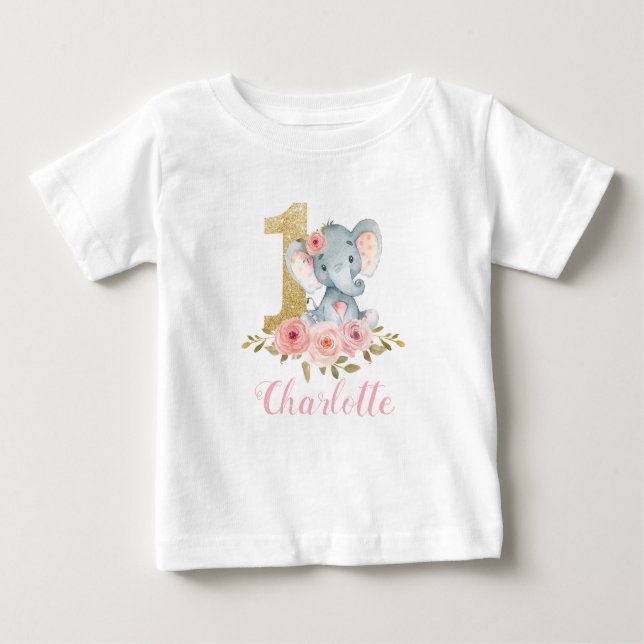 T-shirt Pour Bébé Blush Floral Cute Baby Elephant 1er Anniversaire B (Devant)