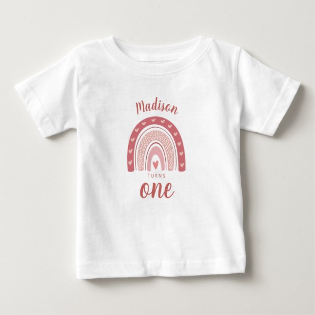 T-shirt Pour Bébé Boho arc-en-ciel rose mignon premier anniversaire (Devant)