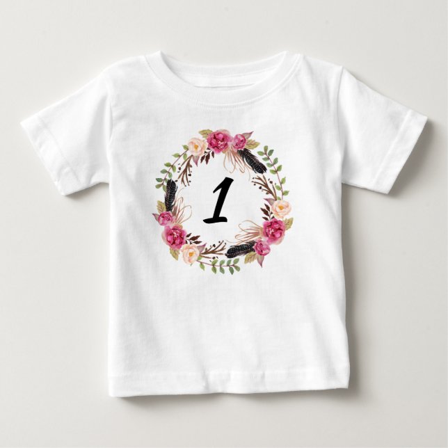 T-shirt Pour Bébé Boho Premier anniversaire Jolie 1ère année Floral  (Devant)