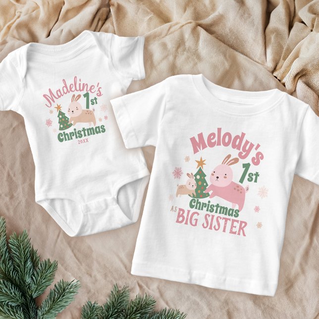 T-shirt Pour Bébé Boho Premier Noël avec mignon lapin, Arbre, Nom (Créateur téléchargé)