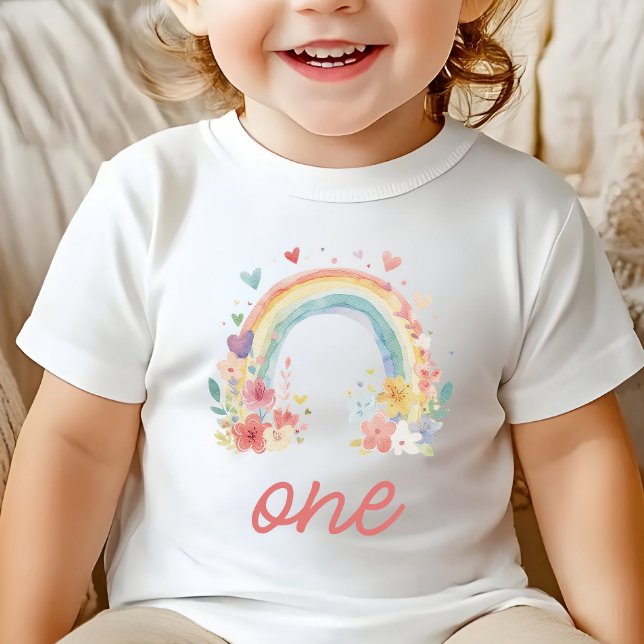 T-shirt Pour Bébé Boho Rainbow Floral Pastel "One" Premier Anniversa (boho one shirt, pastel first birthday, floral rainbow outfit, baby girl birthday, cake smash outfit)