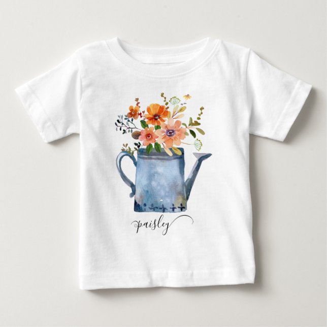 T-shirt Pour Bébé Boho Rust Orange Aquarelle Fleurs Arrosage Can (Devant)