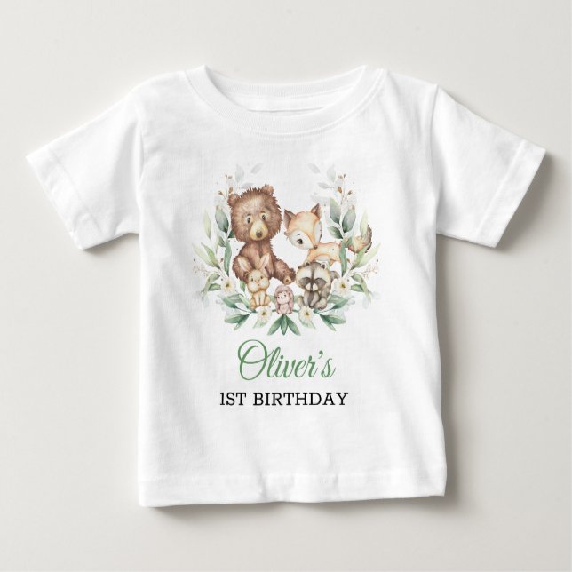 T-shirt Pour Bébé Bois Animaux Végétaux Feuillus 1er Anniversaire Ga (Devant)