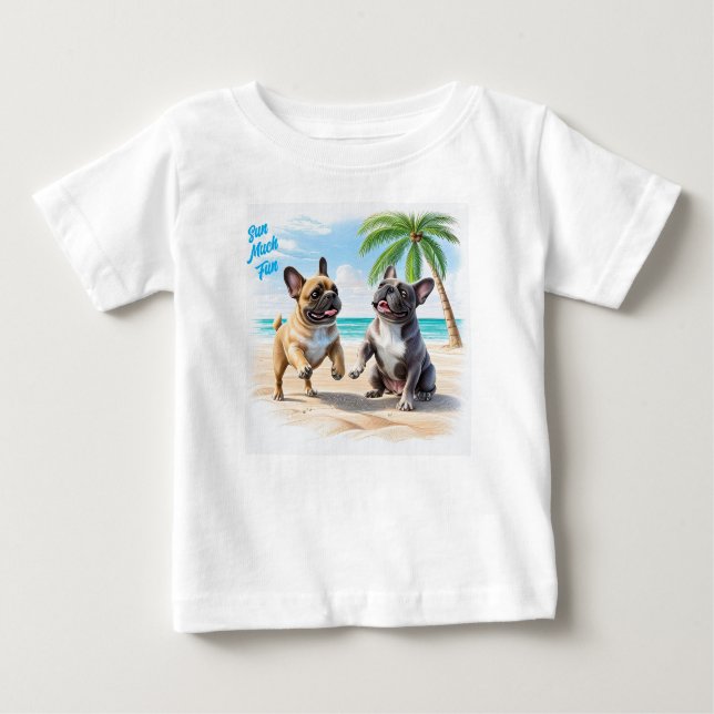 T-shirt Pour Bébé Bouledogues français en vacances à la plage (Devant)