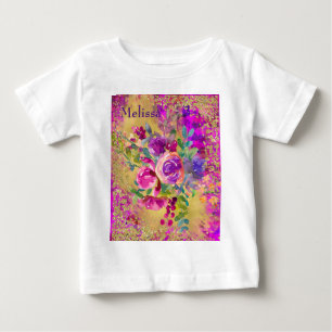 T-shirt Pour Bébé Bouquet de fleurs d'aquarelle sur rose Personnalis
