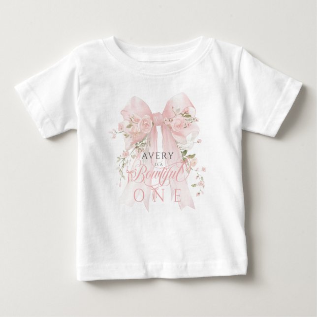 T-shirt Pour Bébé Bowtiiful One 1er Anniversaire Fleurs Ruban Filles (Devant)