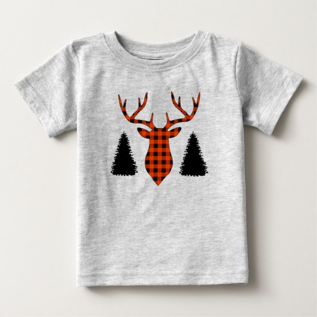 T-shirt Pour Bébé Buffalo Plaid Buck Deer Pine Trees (Devant)
