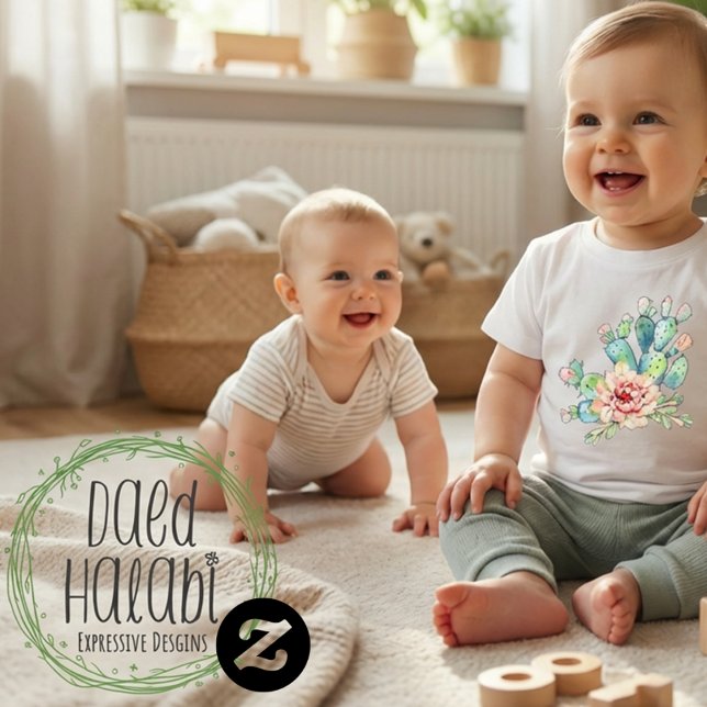 T-shirt Pour Bébé Cactus Fleuris Aquarelle (Watercolor Cacti Bloom Baby T-Shirt)