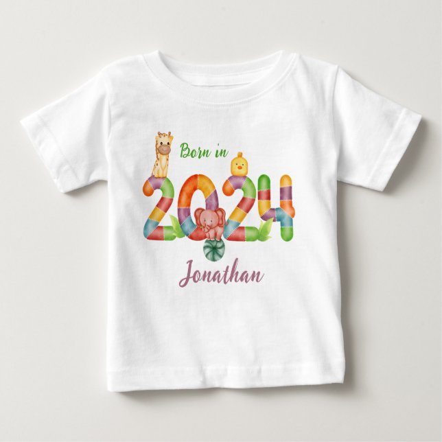 T-shirt Pour Bébé cadeau personnalisé pour bébé animal né en 2024 (Devant)